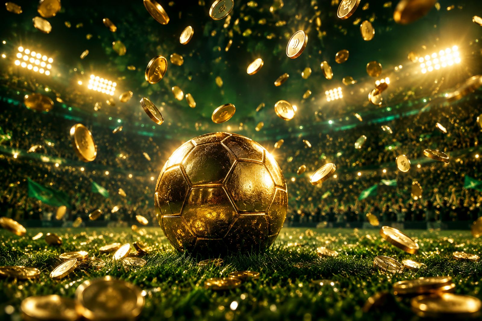 Pallone dorato su erba sotto una pioggia di monete