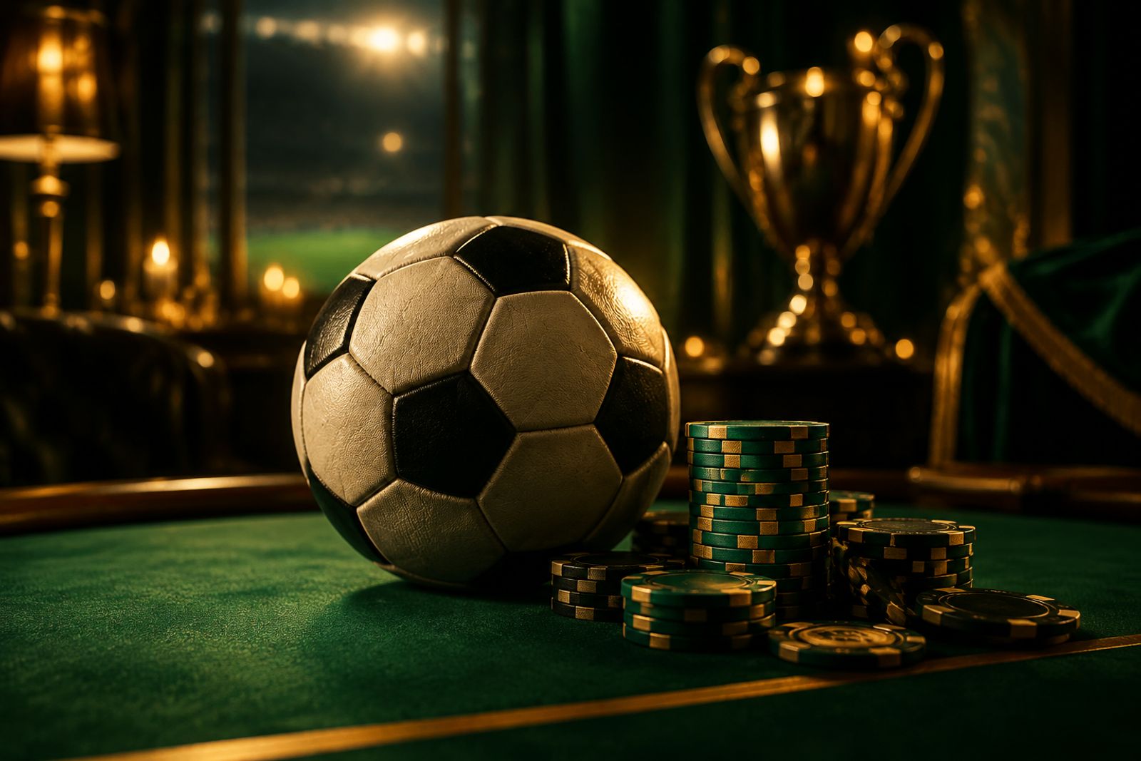 Un pallone appoggiato su un tavolo verde accanto a delle fiche