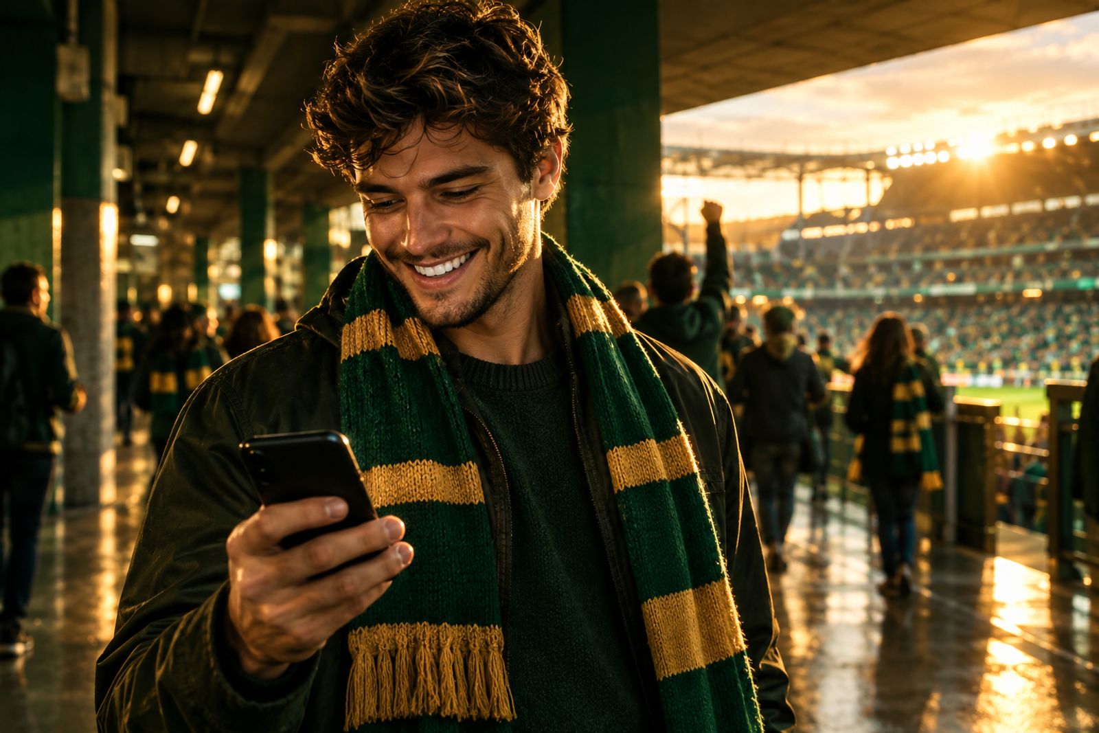 Un tifoso sorride guardando lo smartphone