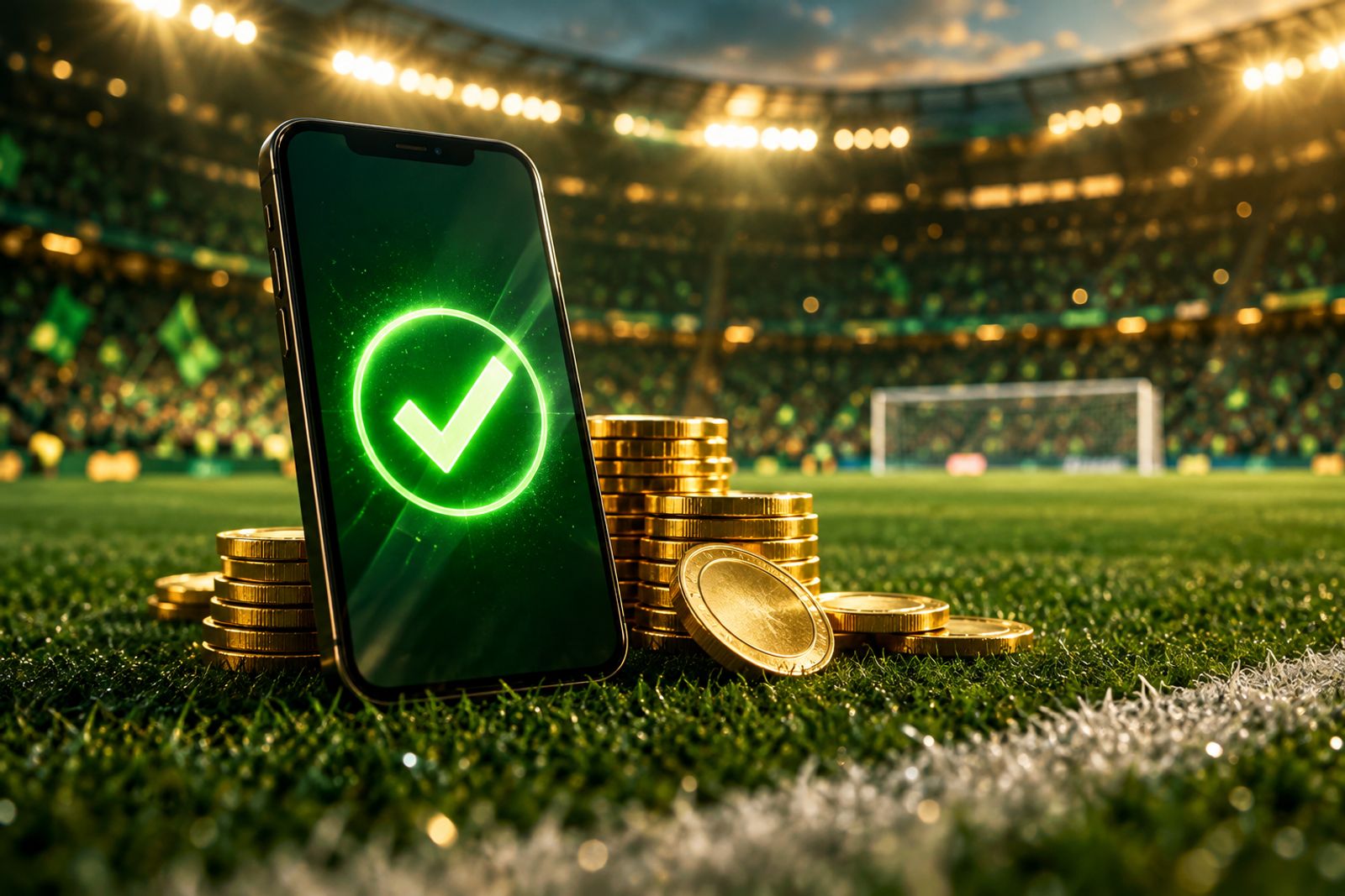Smartphone con un segno di spunta verde in uno stadio