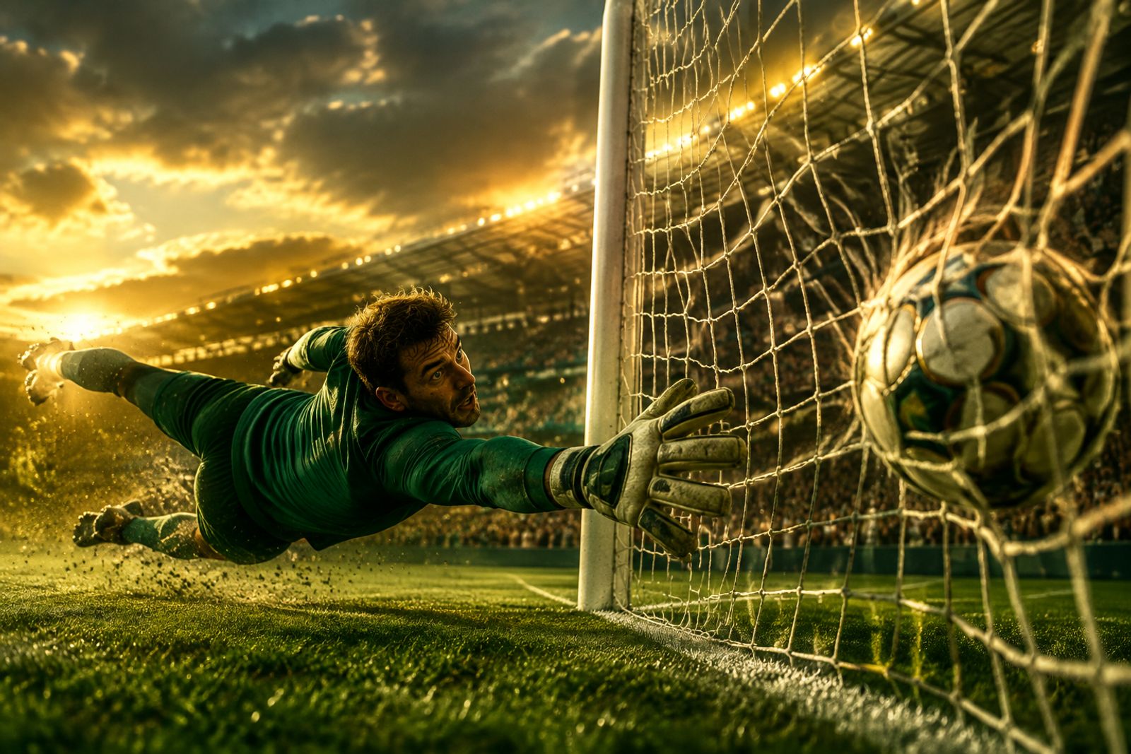 Un portiere si tuffa mentre il pallone supera la linea