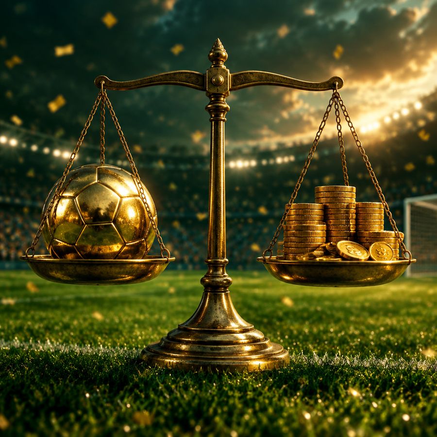 Una bilancia con un pallone dorato e delle monete