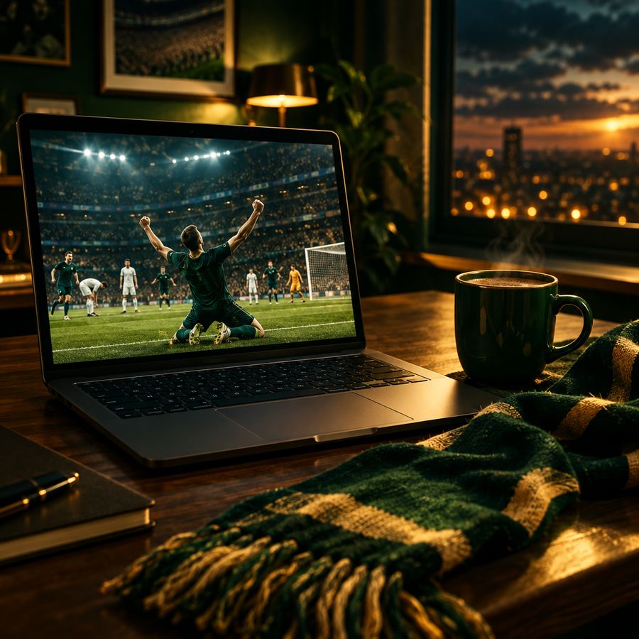 Un portatile con una partita in corso, una sciarpa e un caffè