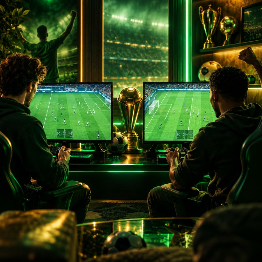 Due giocatori davanti ai monitor durante un videogioco di calcio